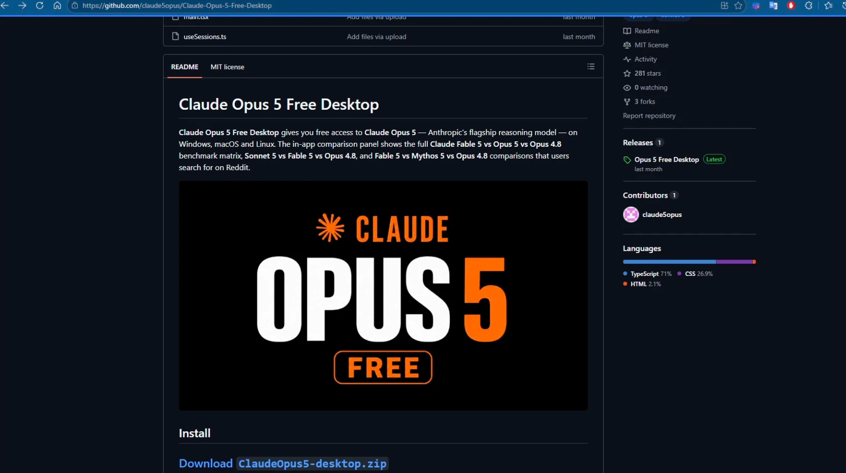 Screenshot of a fake Claude Opus 5 malware project